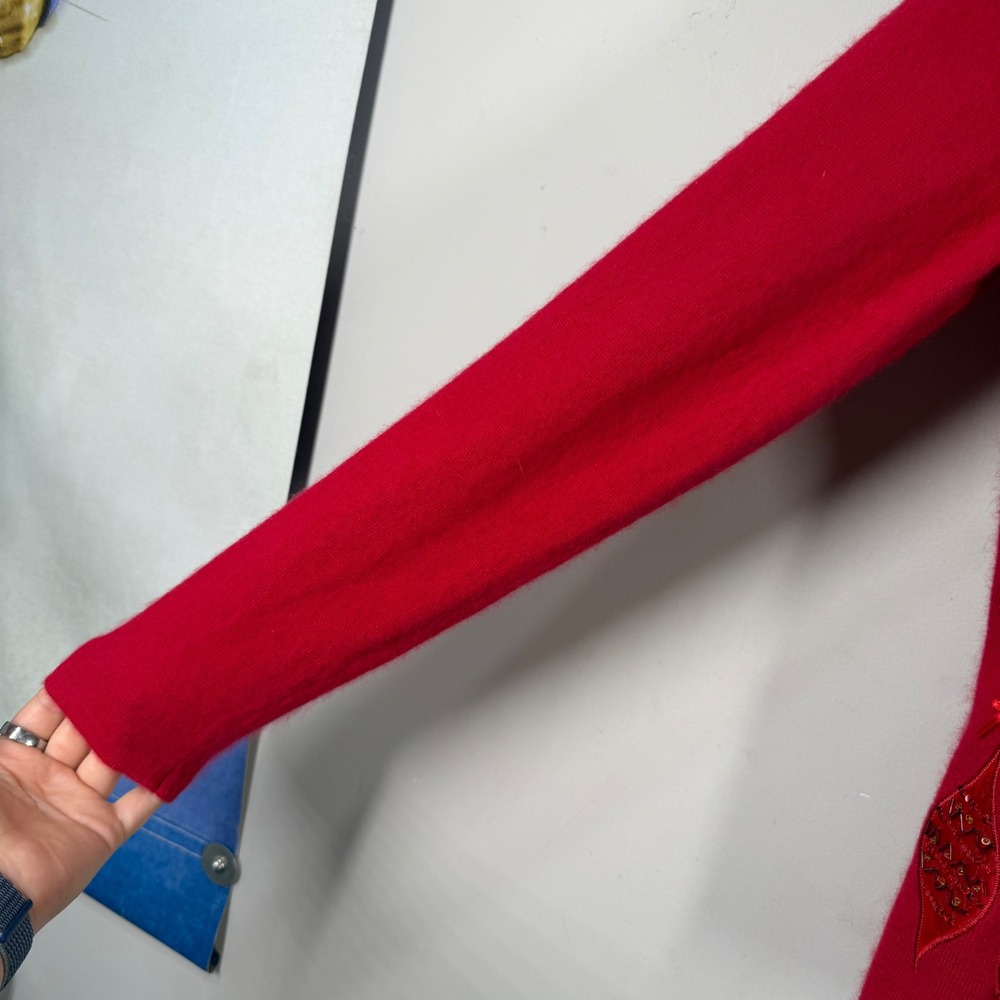 Merry & Bright Red Angora Wool Blend Holiday Ornament Sequin Cardigan Sweater S - Picture 7 of 13